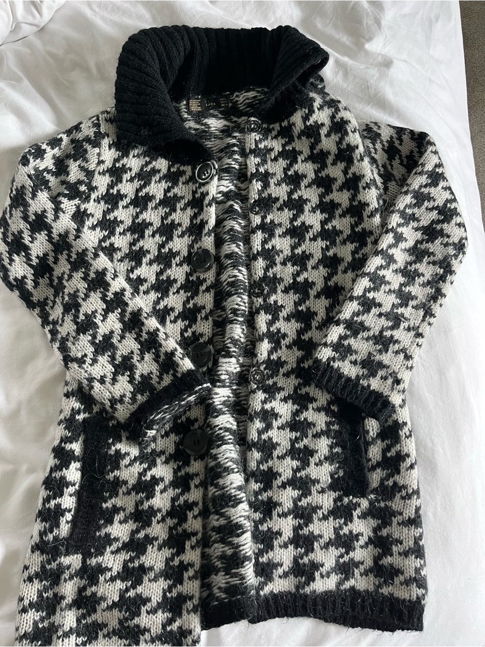 Zara Black and White Houndstooth Knit Coat